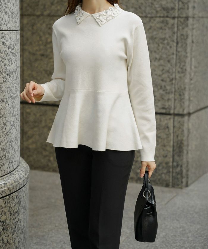 フラワーモチーフ 襟付き ニット トップス レディース フラワー サテン ビジュー 上品 ペプラム フレア アンゴラタッチ きれいめ 洗える アイボリー/ネイビーミックス/ブラックミックス M