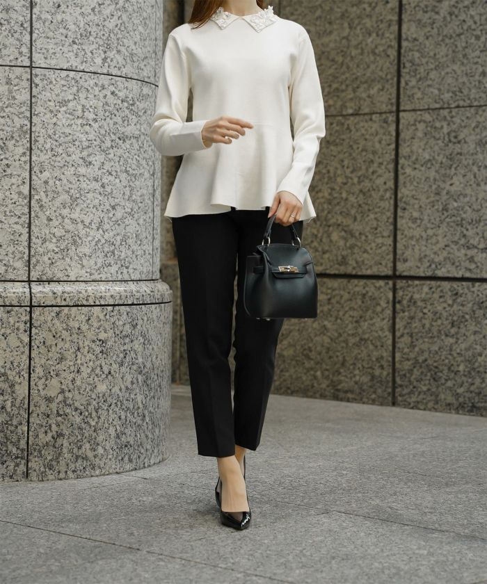 フラワーモチーフ 襟付き ニット トップス レディース フラワー サテン ビジュー 上品 ペプラム フレア アンゴラタッチ きれいめ 洗える アイボリー/ネイビーミックス/ブラックミックス M