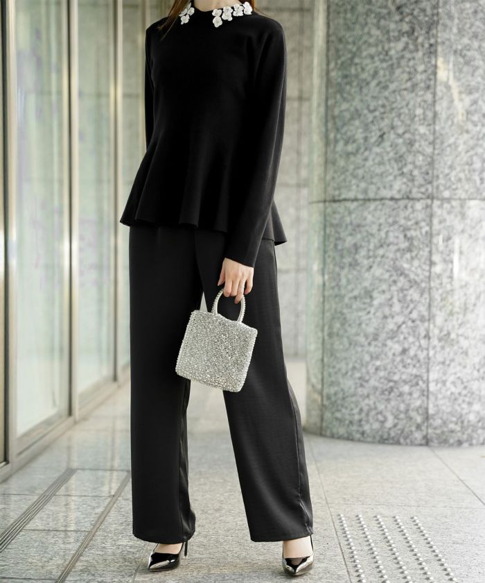 フラワーモチーフ 襟付き ニット トップス レディース フラワー サテン ビジュー 上品 ペプラム フレア アンゴラタッチ きれいめ 洗える アイボリー/ネイビーミックス/ブラックミックス M