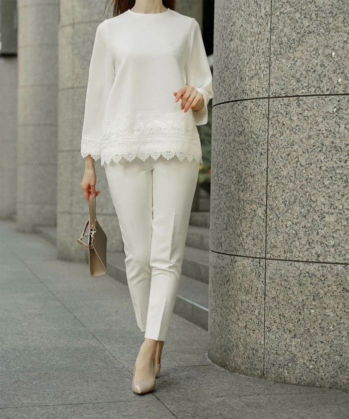 レースコンビ トップス トップス レディース ブラウス オフィス きれいめ かわいい 大人 ホワイト ネイビー ブラック M