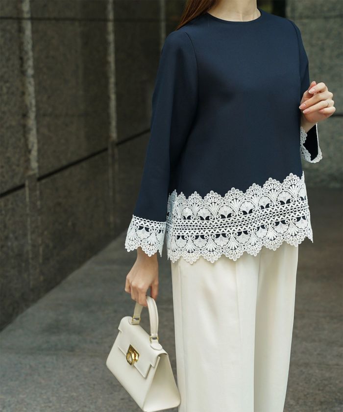 レースコンビ トップス トップス レディース ブラウス オフィス きれいめ かわいい 大人 ホワイト ネイビー ブラック M