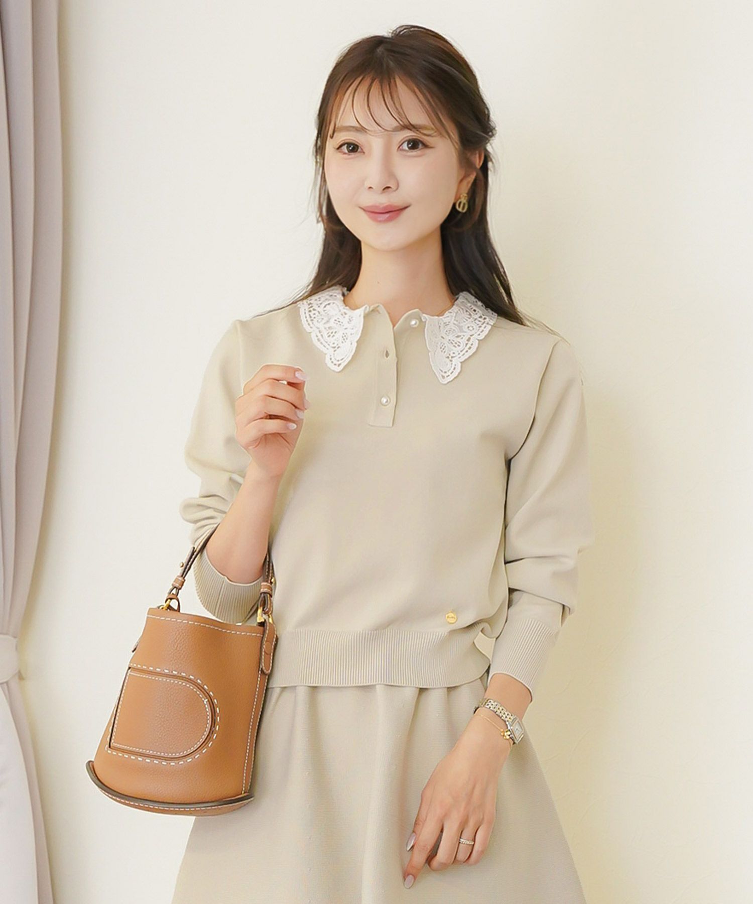 トップス ニット 伸縮 セットアップ 長袖 春 秋 冬 レース 襟 パール アイボリー ラベンダー ネイビー ブラック