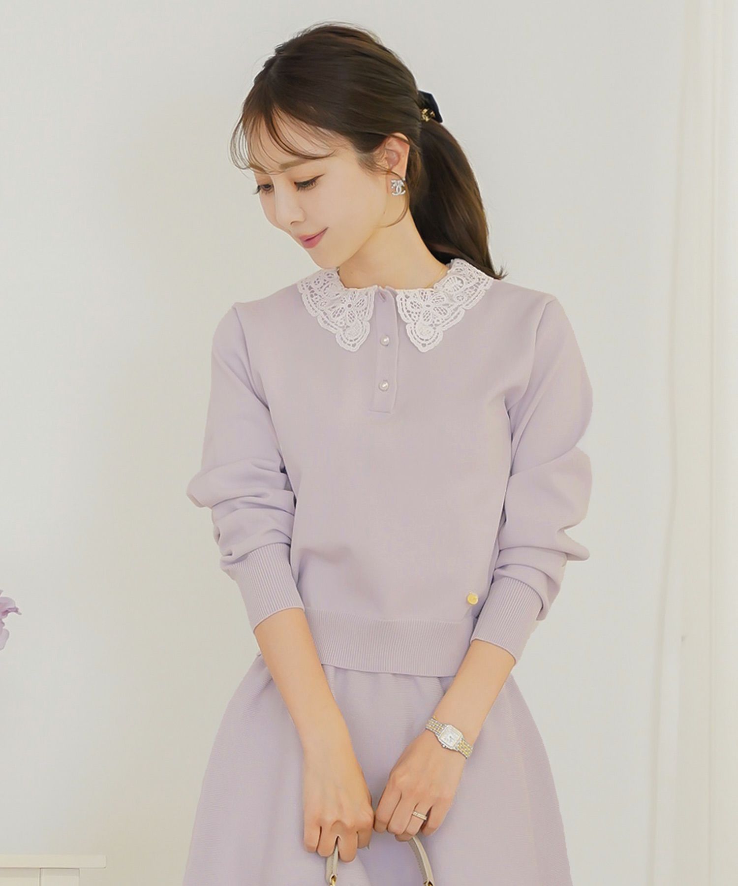トップス ニット 伸縮 セットアップ 長袖 春 秋 冬 レース 襟 パール アイボリー ラベンダー ネイビー ブラック