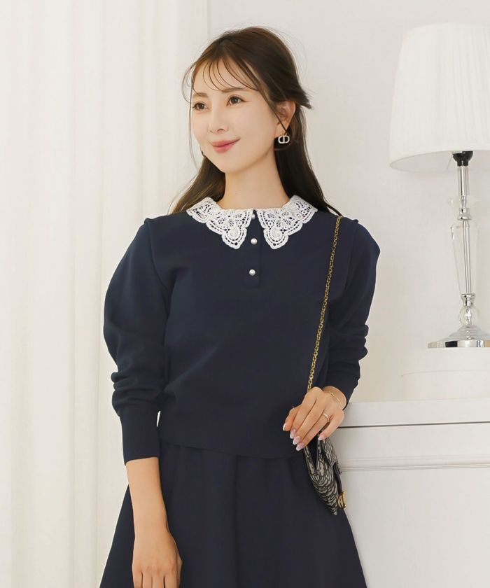 トップス ニット 伸縮 セットアップ 長袖 春 秋 冬 レース 襟 パール アイボリー ラベンダー ネイビー ブラック