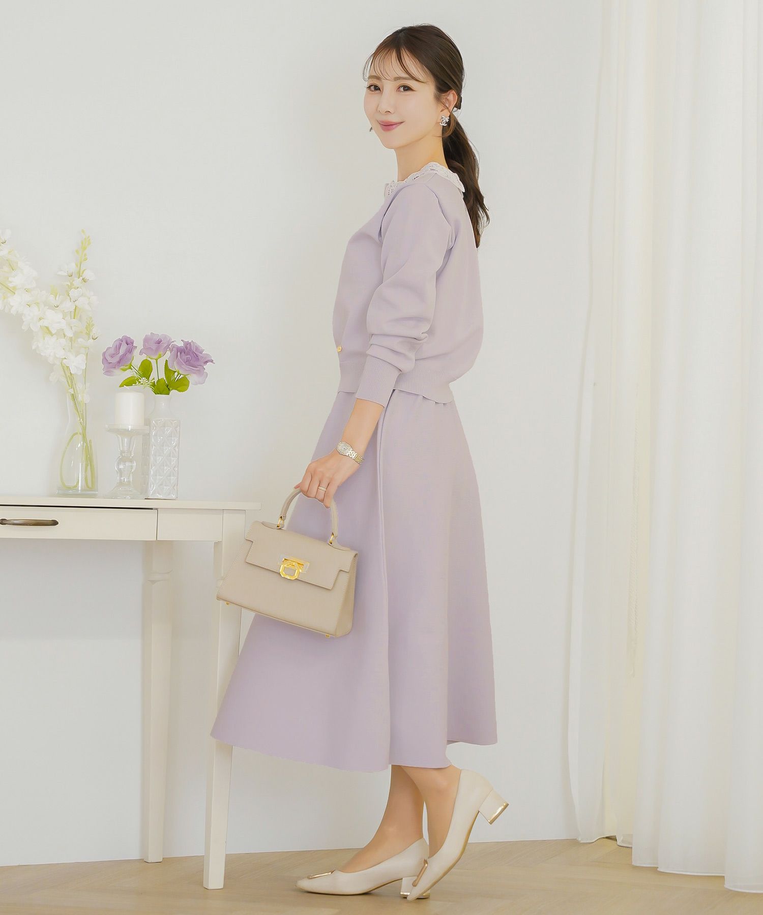 トップス ニット 伸縮 セットアップ 長袖 春 秋 冬 レース 襟 パール アイボリー ラベンダー ネイビー ブラック