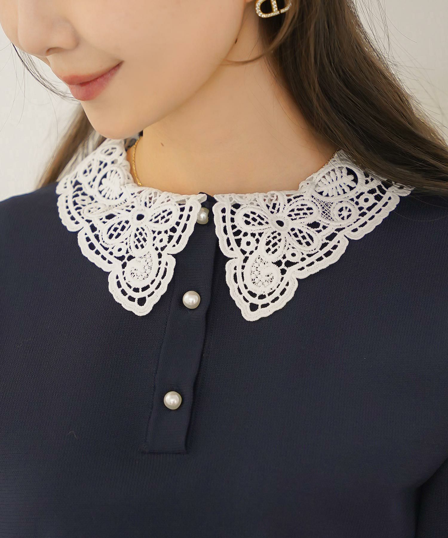 トップス ニット 伸縮 セットアップ 長袖 春 秋 冬 レース 襟 パール アイボリー ラベンダー ネイビー ブラック