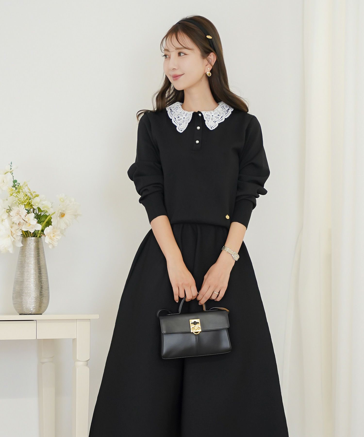 トップス ニット 伸縮 セットアップ 長袖 春 秋 冬 レース 襟 パール アイボリー ラベンダー ネイビー ブラック