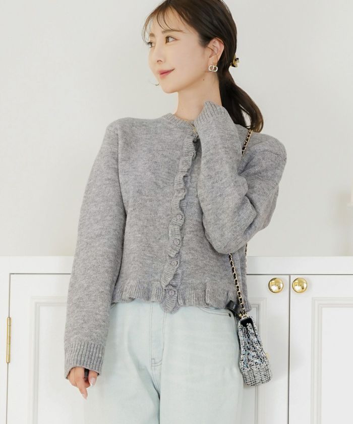 トップス ニット カーディガン フリル ショート丈 コンパクト丈 クルーネック 春 秋 冬 カジュアル フェミニン 可愛い ほっこり