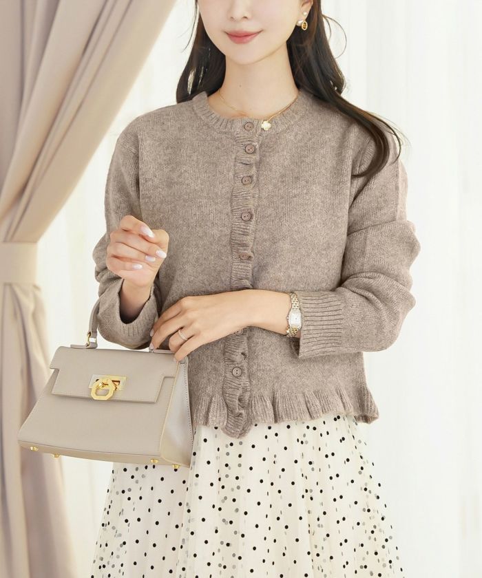 トップス ニット カーディガン フリル ショート丈 コンパクト丈 クルーネック 春 秋 冬 カジュアル フェミニン 可愛い ほっこり