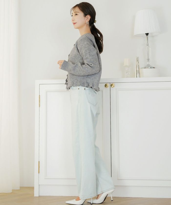 トップス ニット カーディガン フリル ショート丈 コンパクト丈 クルーネック 春 秋 冬 カジュアル フェミニン 可愛い ほっこり