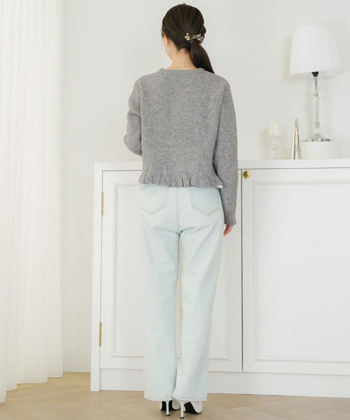 トップス ニット カーディガン フリル ショート丈 コンパクト丈 クルーネック 春 秋 冬 カジュアル フェミニン 可愛い ほっこり