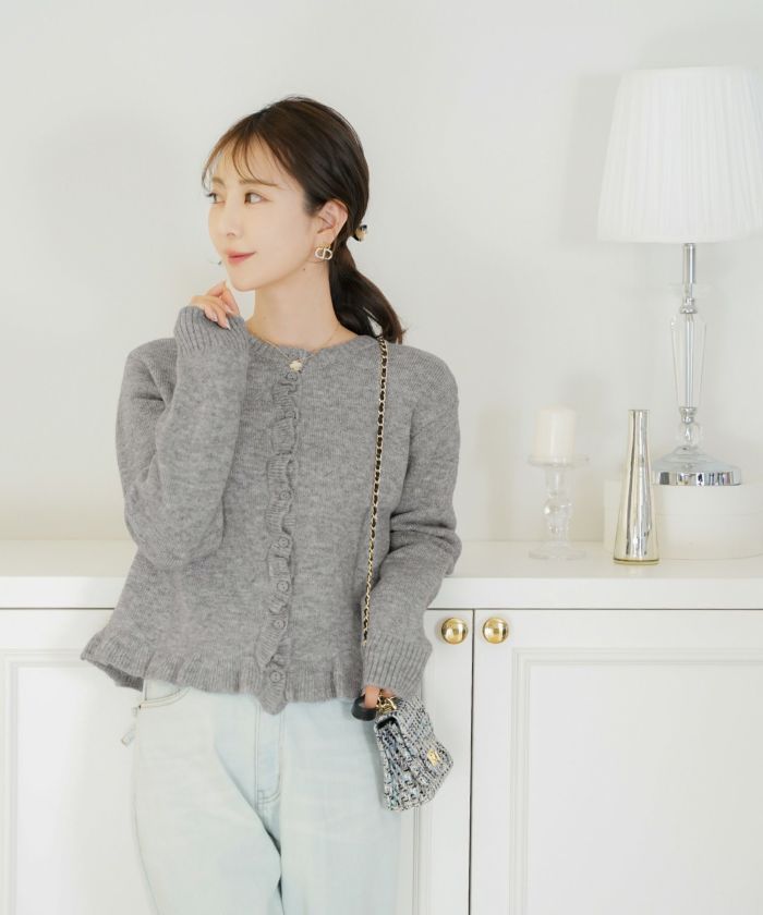 トップス ニット カーディガン フリル ショート丈 コンパクト丈 クルーネック 春 秋 冬 カジュアル フェミニン 可愛い ほっこり