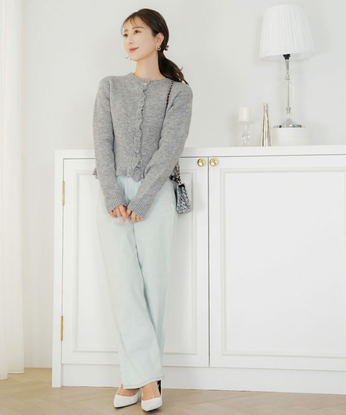 トップス ニット カーディガン フリル ショート丈 コンパクト丈 クルーネック 春 秋 冬 カジュアル フェミニン 可愛い ほっこり