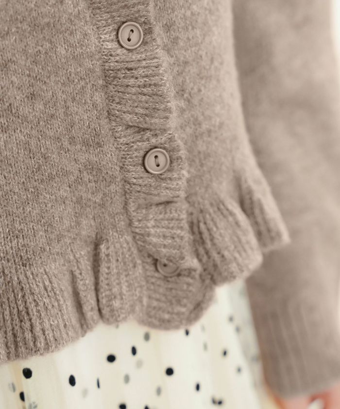 トップス ニット カーディガン フリル ショート丈 コンパクト丈 クルーネック 春 秋 冬 カジュアル フェミニン 可愛い ほっこり