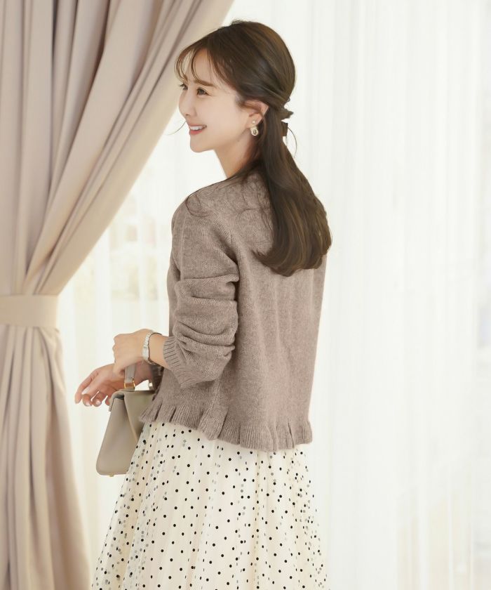 トップス ニット カーディガン フリル ショート丈 コンパクト丈 クルーネック 春 秋 冬 カジュアル フェミニン 可愛い ほっこり