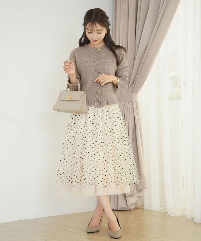 トップス ニット カーディガン フリル ショート丈 コンパクト丈 クルーネック 春 秋 冬 カジュアル フェミニン 可愛い ほっこり