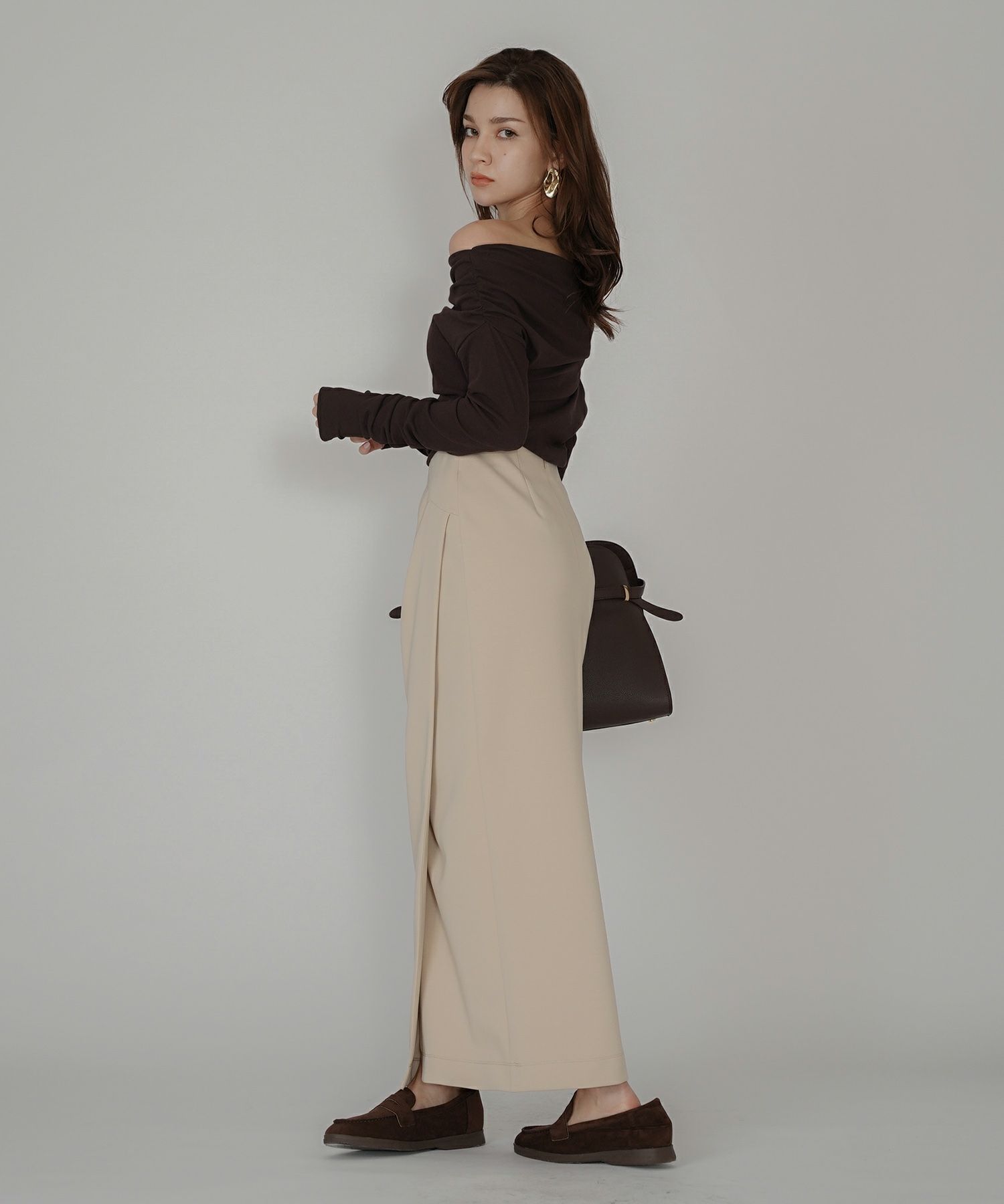 ナロースカート 骨スト ロングスカート タイトスカート モテニット カットソー デートコーデ ディナー 大人 あざと可愛い 肌見せ 韓国風 綺麗め 細見え カジュアル ウエストカバー お腹周りカバー らくちん KINO THE KEI