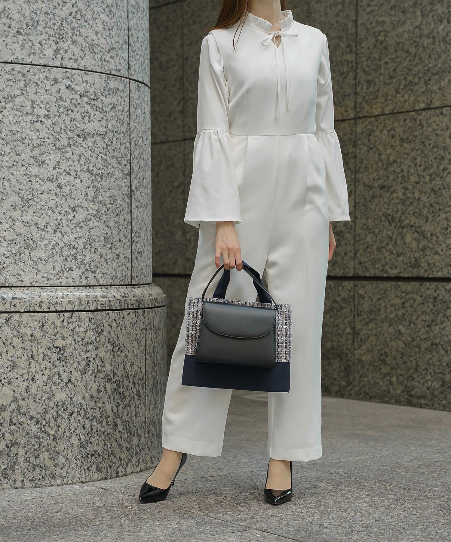 2way フリルネック ベルスリーブ ブラウス フォーマル オケージョン 洗える ホワイト ピンクベージュ ネイビー M