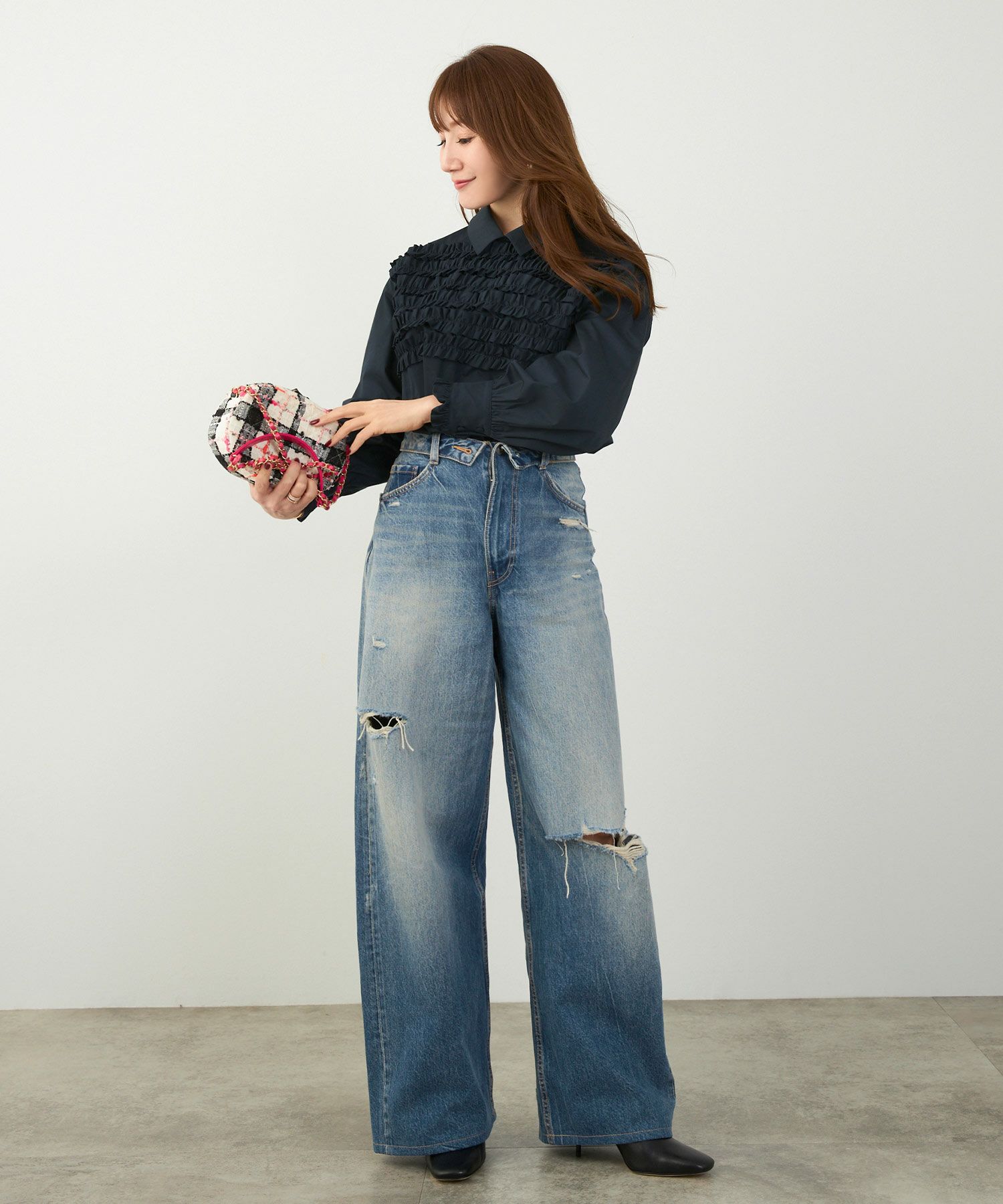 手洗い可 ラウンドヘム スリット パフスリーブ 上品 きれいめ フォーマル オフィス カジュアル フェミニン ジョイントスペース