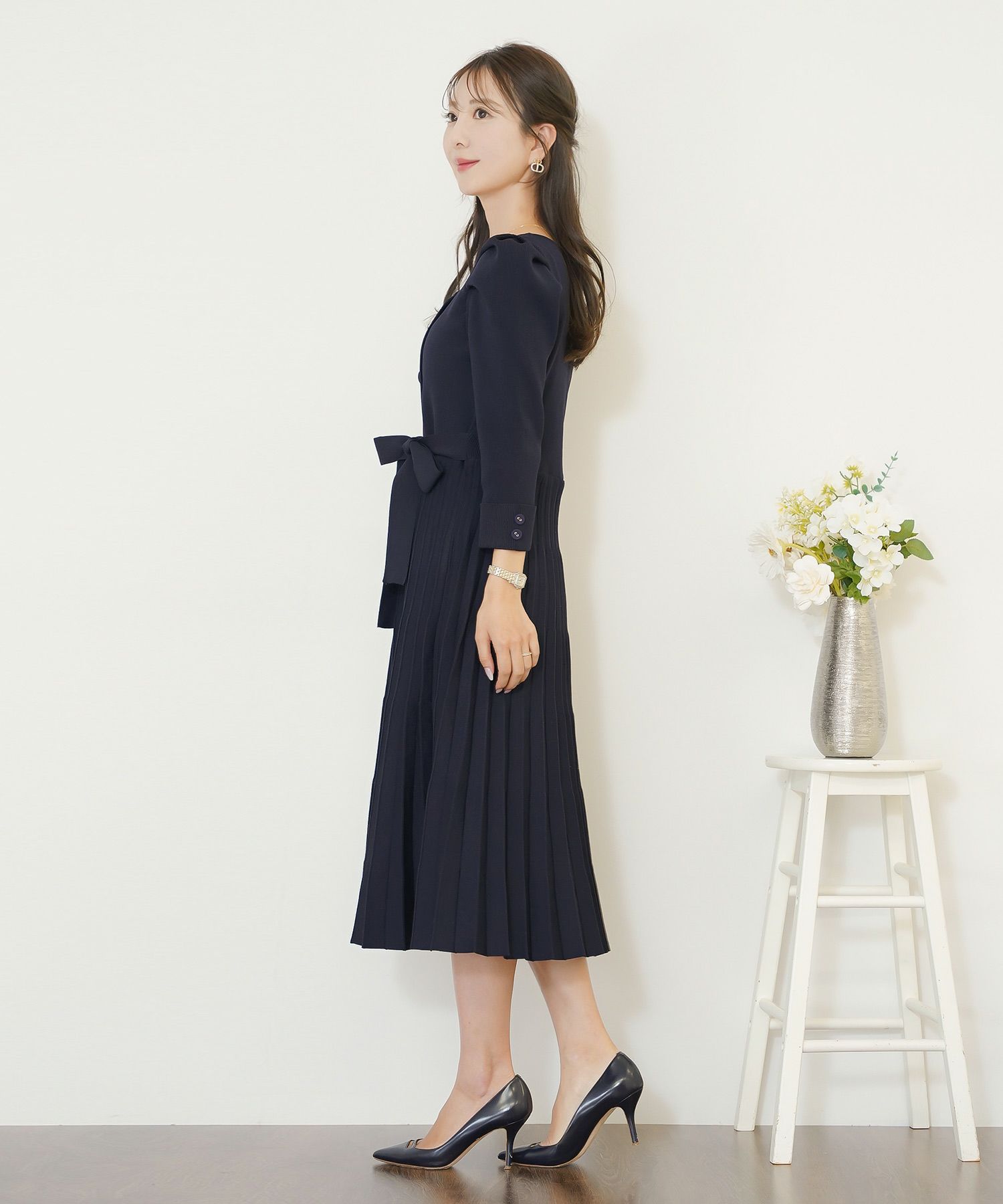 ワンピース オケージョン 袖山タック フレア 長袖 ニット 上品 エレガント フェミニン きれいめ 可愛い ダブルボタン