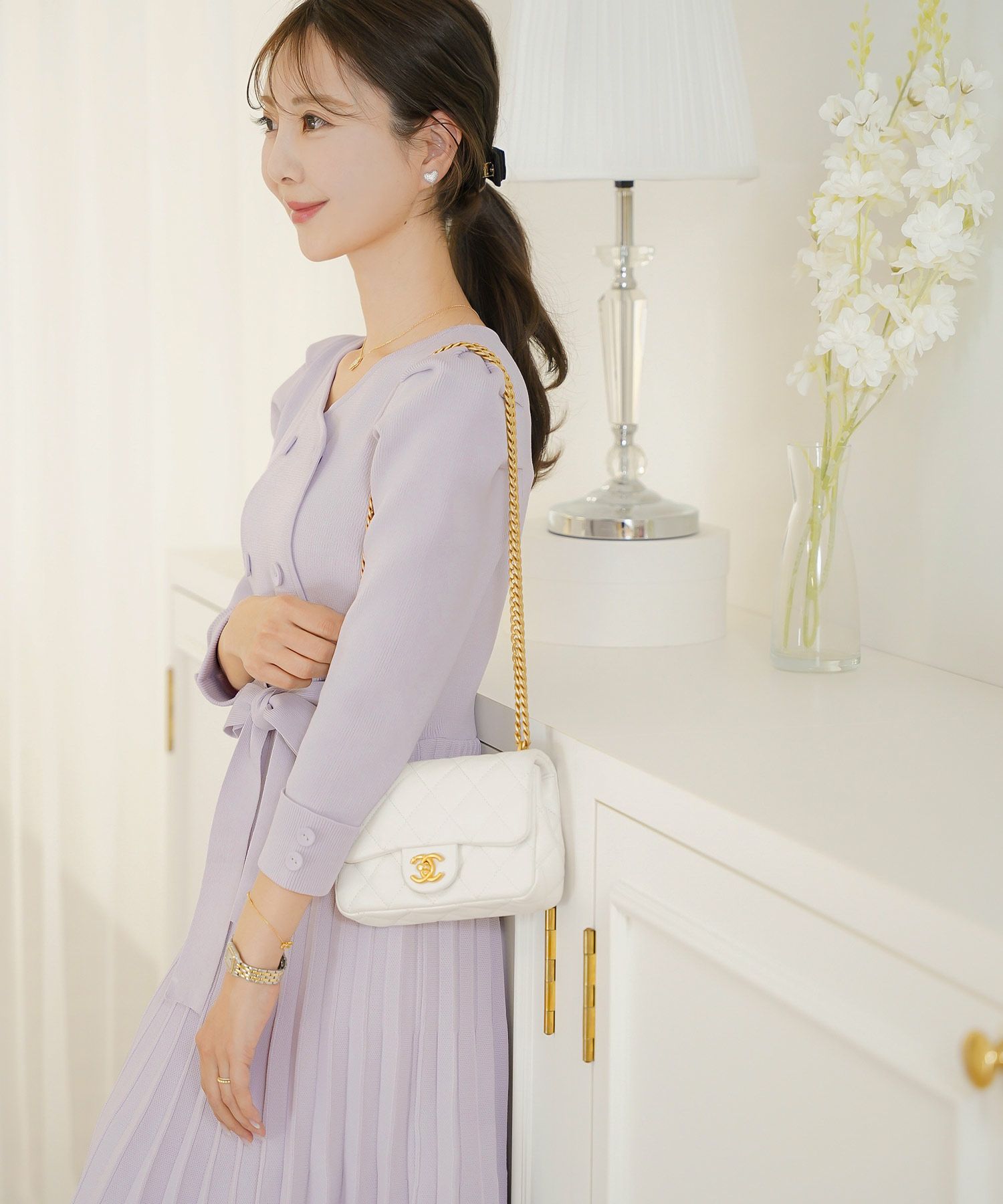 ワンピース オケージョン 袖山タック フレア 長袖 ニット 上品 エレガント フェミニン きれいめ 可愛い ダブルボタン