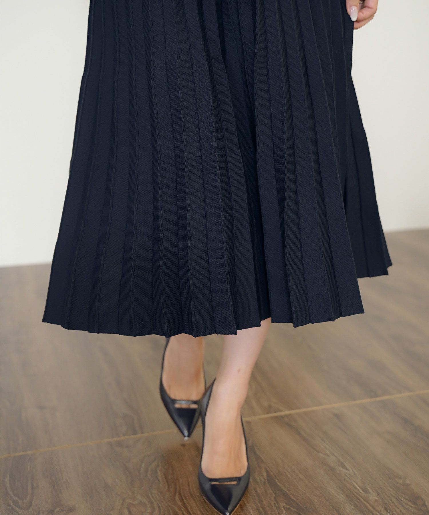 ワンピース オケージョン 袖山タック フレア 長袖 ニット 上品 エレガント フェミニン きれいめ 可愛い ダブルボタン