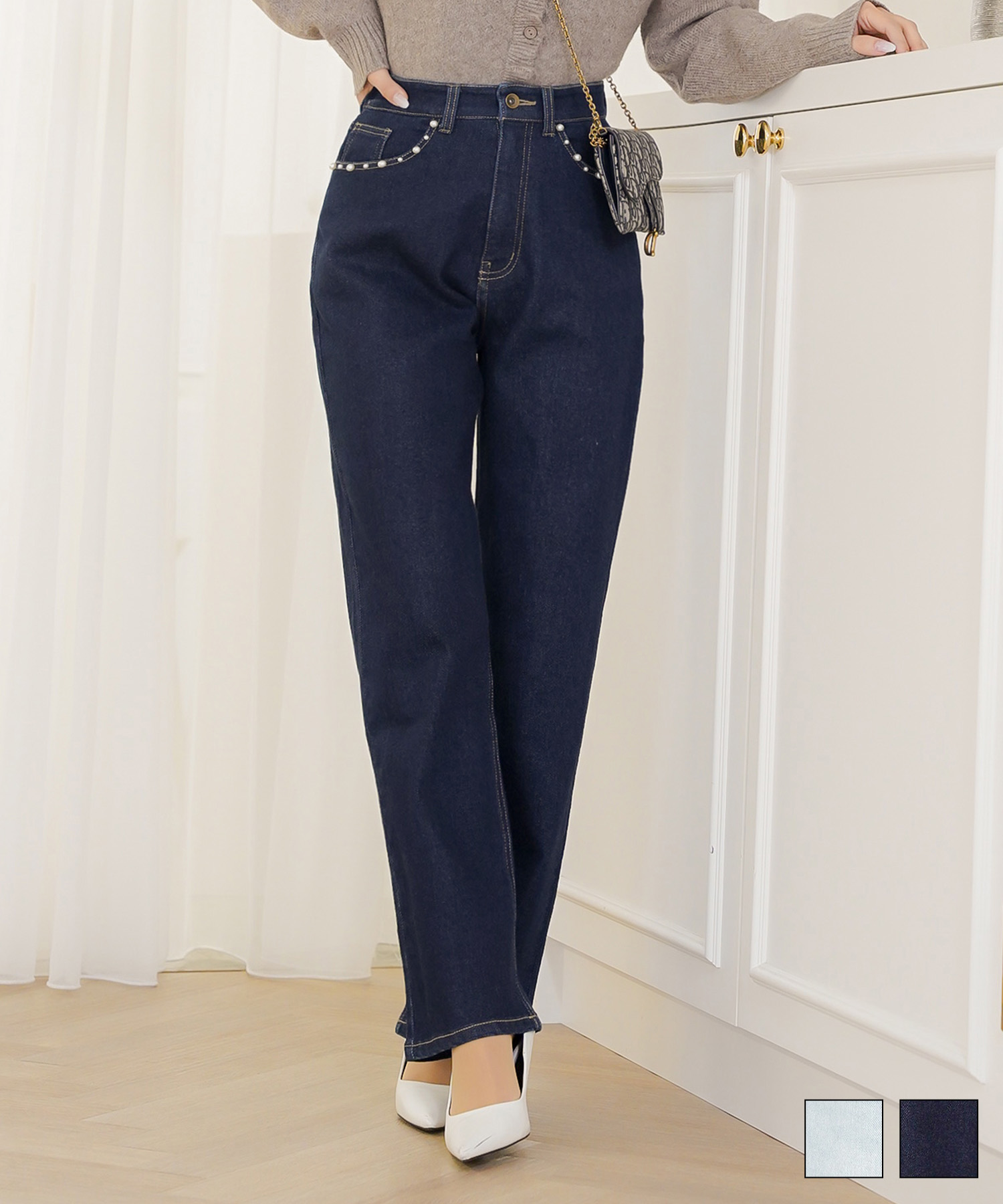 ウエスト調整 パール デコレーション デニム パンツ le reve vaniller