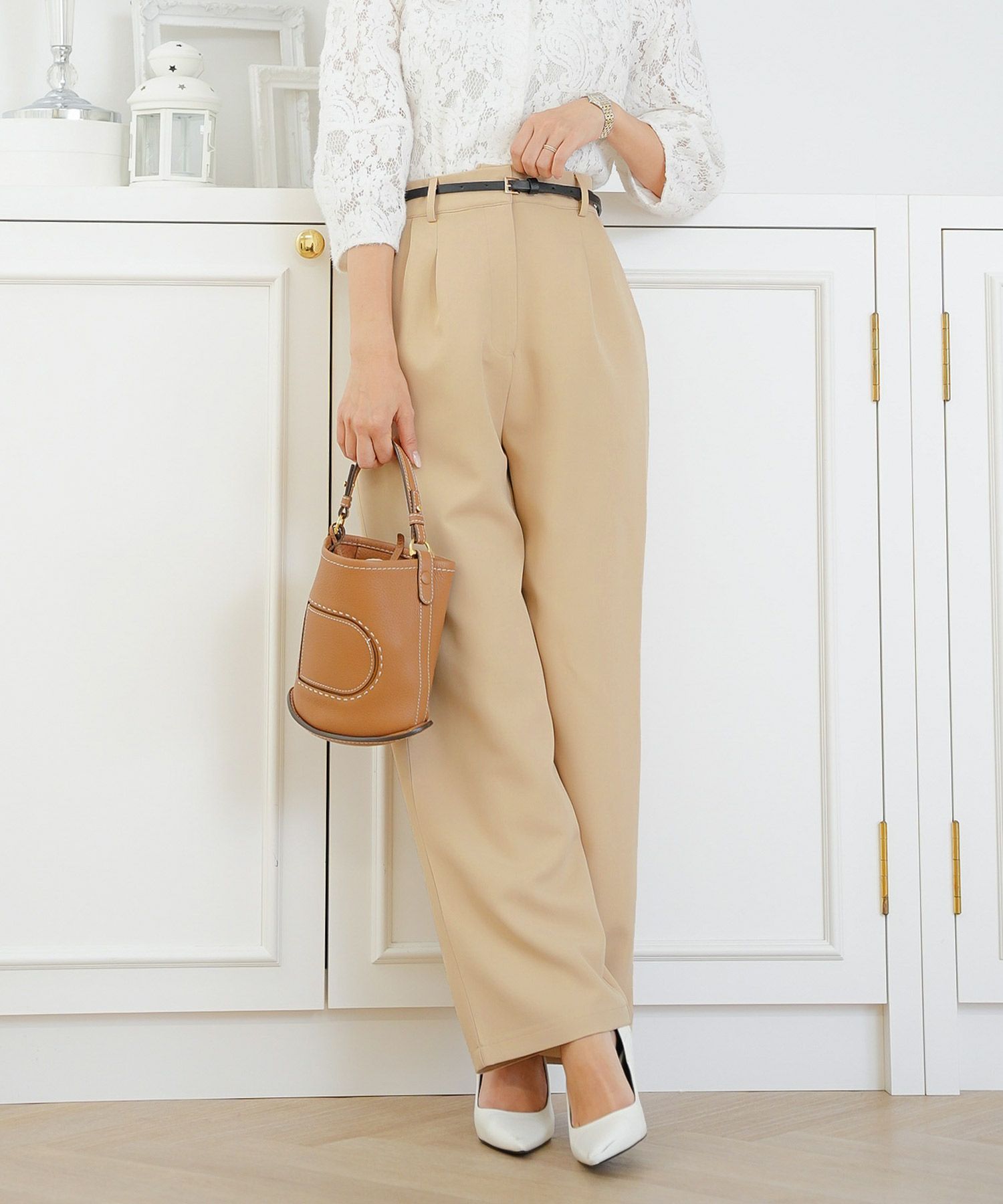 ボトムス パンツ ワイドパンツ ベルト付き ポケット 高身長向け 脚長 体型カバー センタープレス