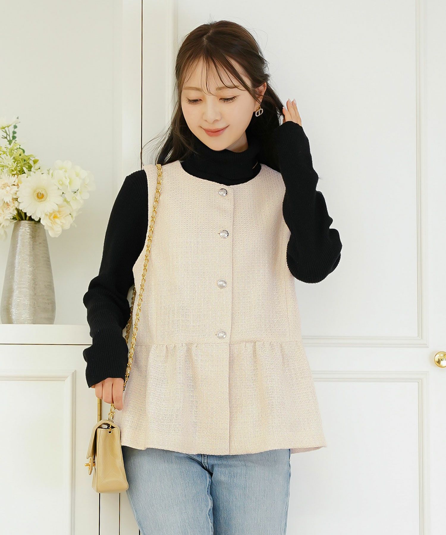 ジャケット ジレ ツイード ボタン エンブレム ミックス モノトーン 上品 エレガント フェミニン 可愛い 大人 きれいめ オケージョン 授業参観 学校行事 お宮参り