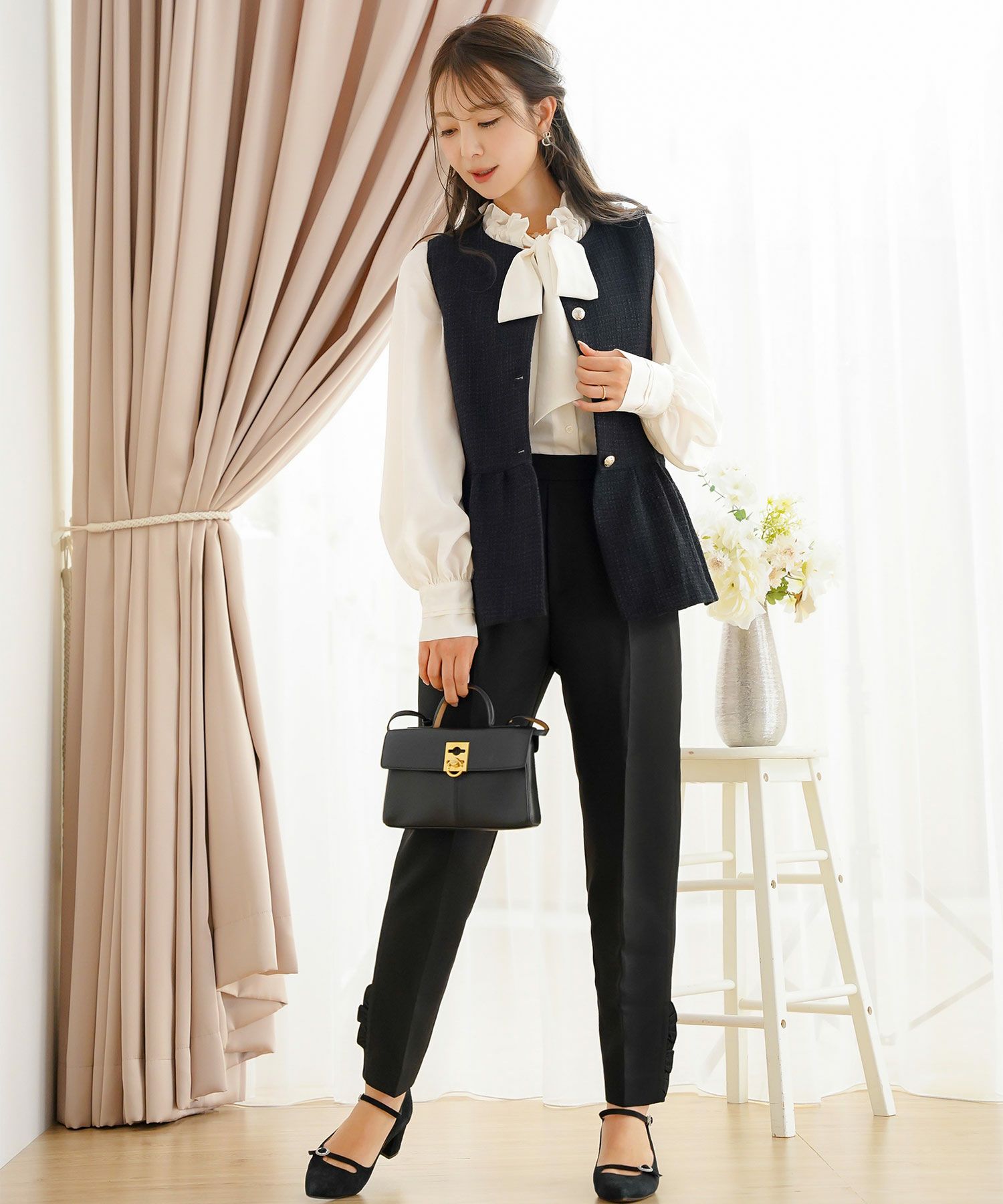 ジャケット ジレ ツイード ボタン エンブレム ミックス モノトーン 上品 エレガント フェミニン 可愛い 大人 きれいめ オケージョン 授業参観 学校行事 お宮参り