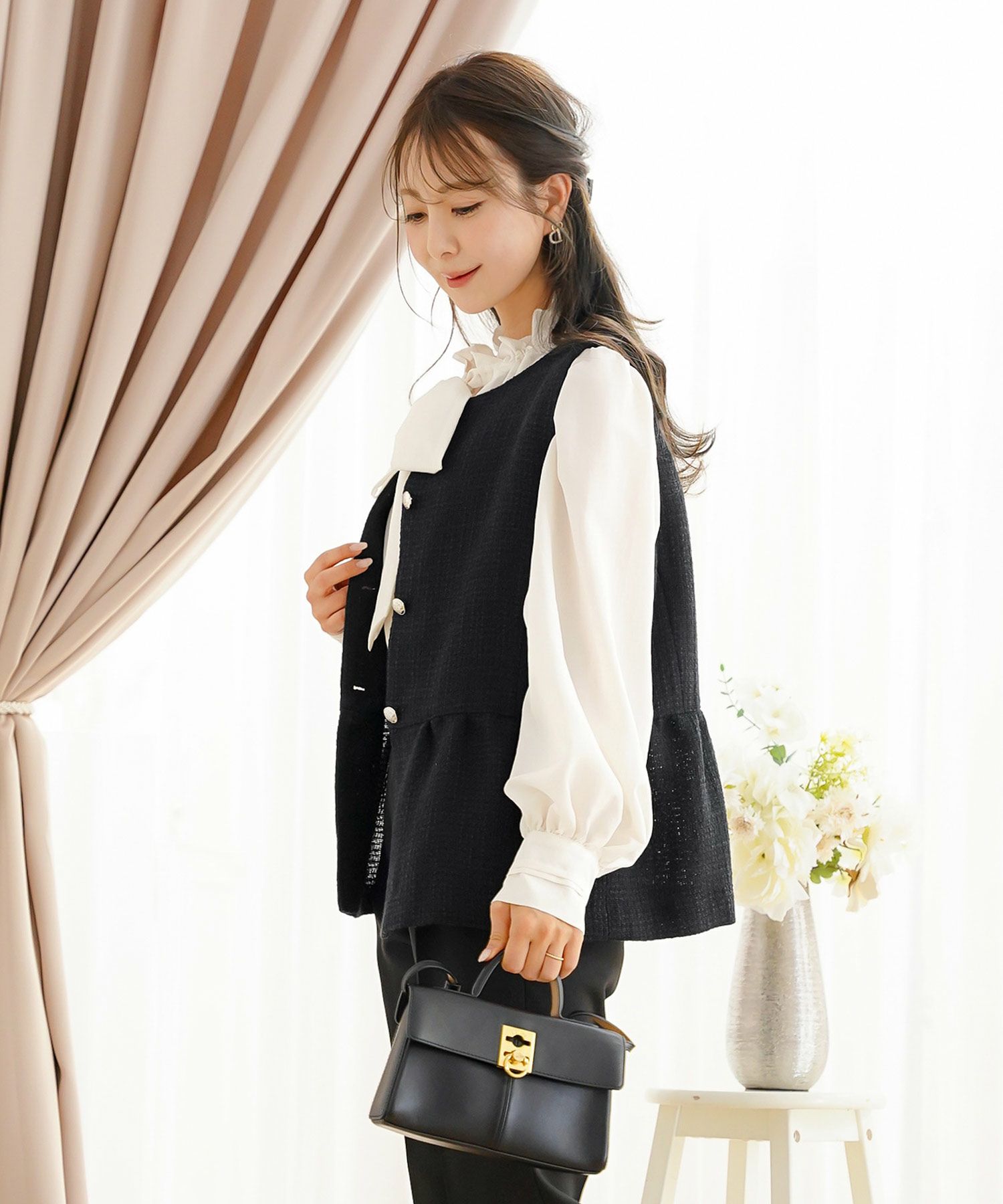 ジャケット ジレ ツイード ボタン エンブレム ミックス モノトーン 上品 エレガント フェミニン 可愛い 大人 きれいめ オケージョン 授業参観 学校行事 お宮参り