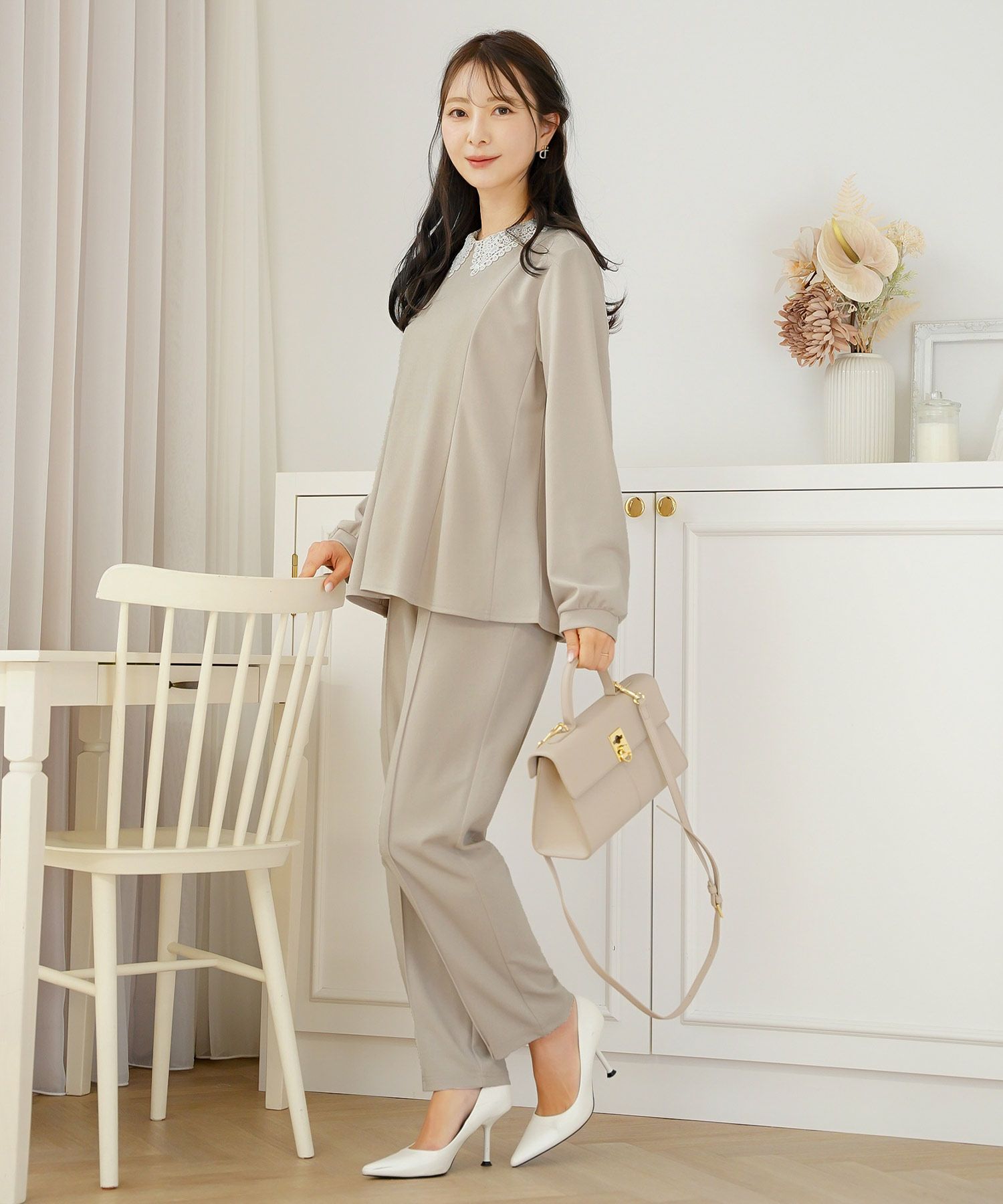 ボトムス パール 大粒 上品 テーパードパンツ ポケット ピンタック エレガント きれいめ オケージョン セットアップ 授業参観 学校行事 親子行事