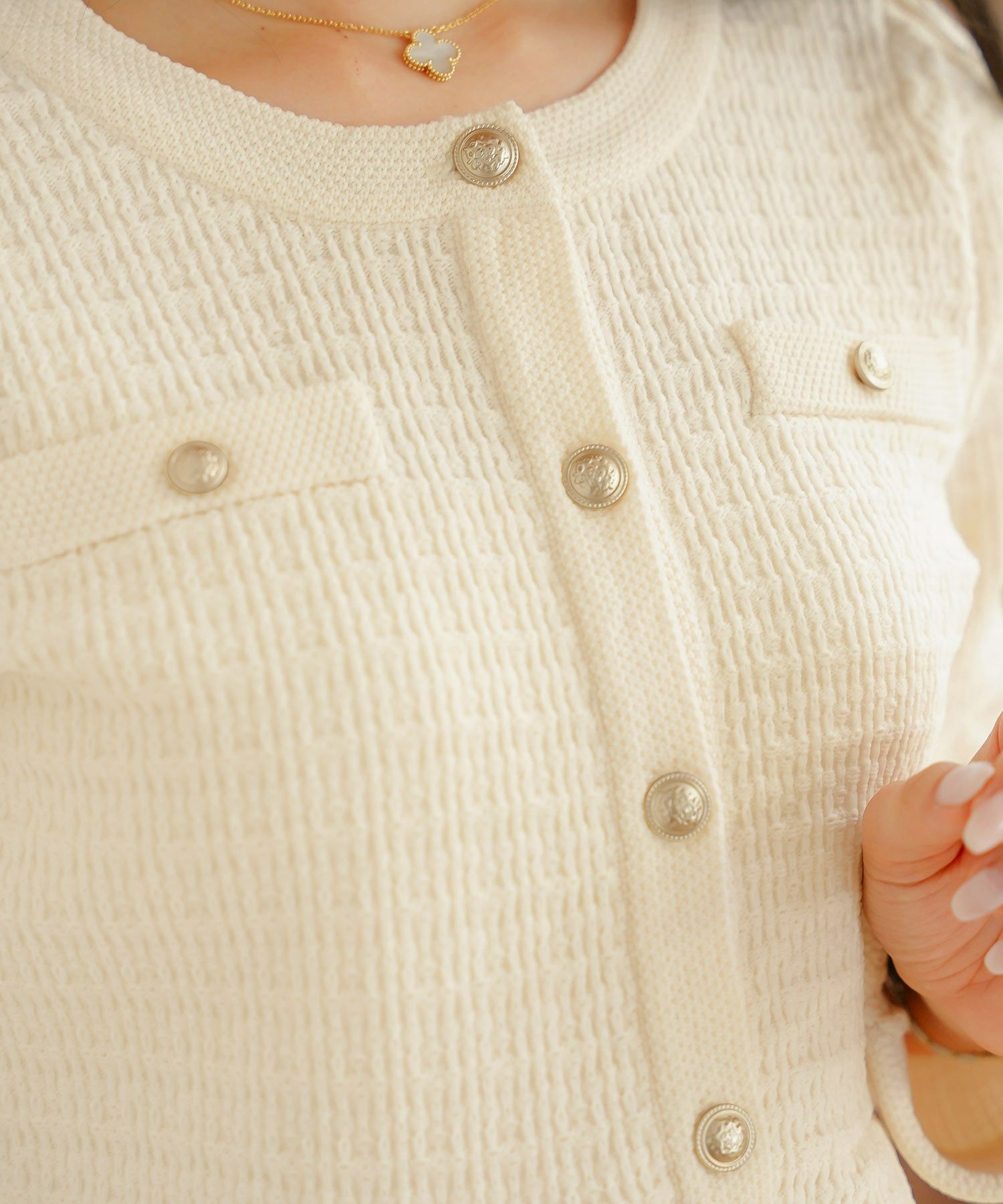 レディース ペプラム ニット ジャケット ノーカラー クルーネック セレモニー 入卒 授業参観 式 きれいめ 上品 シンプル ストレッチ オケージョン 入園 卒業 エレガント アイボリー ピンク ネイビー アソート柄 ツイード 春 秋 冬