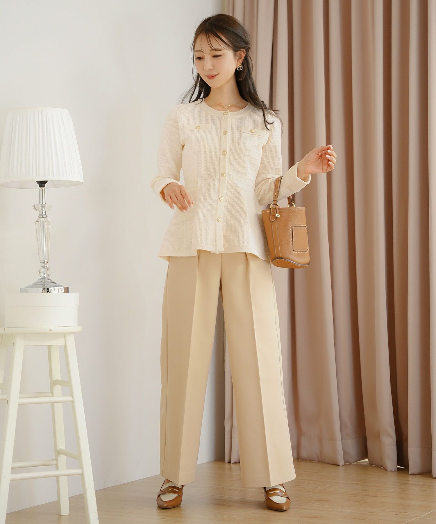 レディース ペプラム ニット ジャケット ノーカラー クルーネック セレモニー 入卒 授業参観 式 きれいめ 上品 シンプル ストレッチ オケージョン 入園 卒業 エレガント アイボリー ピンク ネイビー アソート柄 ツイード 春 秋 冬